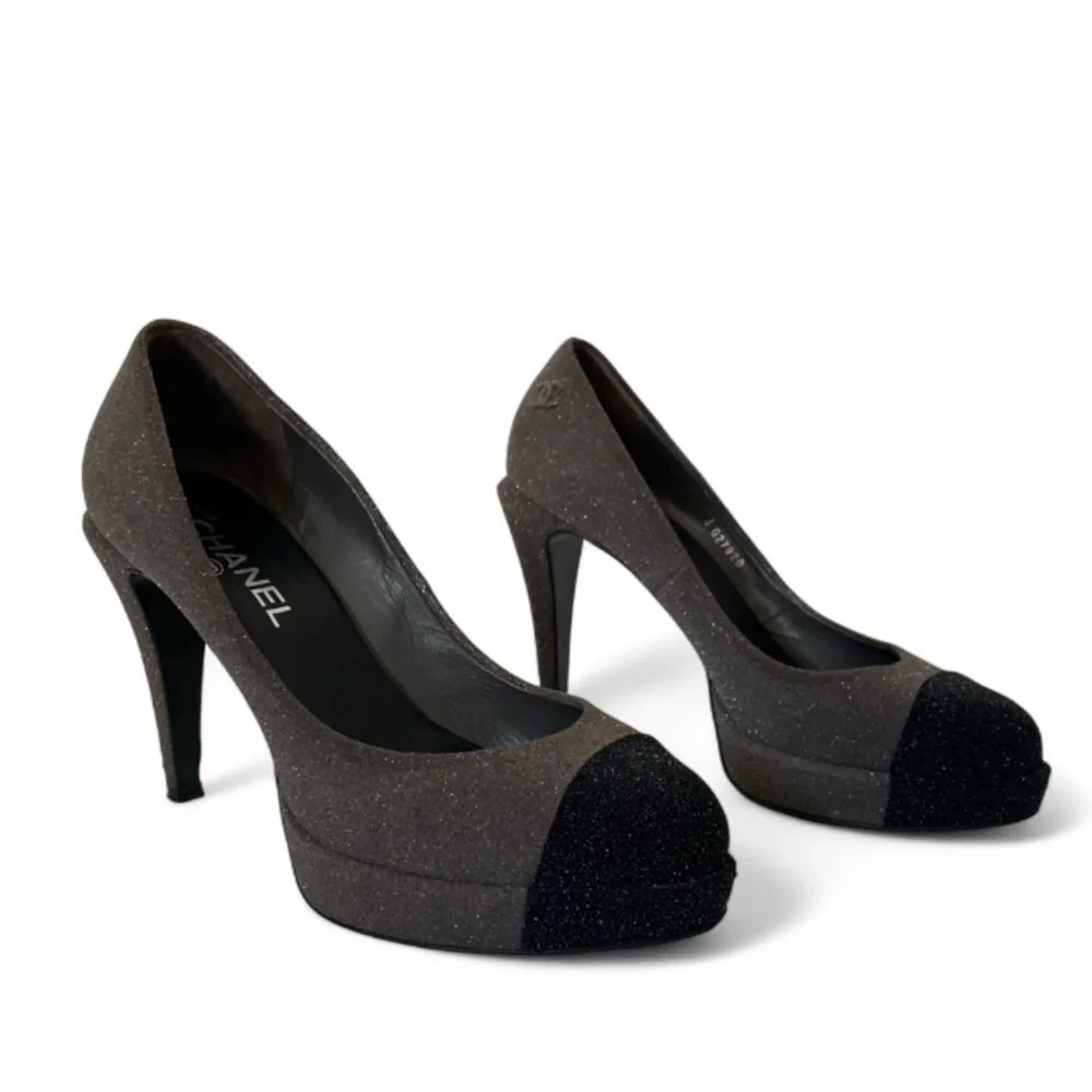 Chanel Charcoal Gray Sparkle Textured Black Cap Toe Platform Pump Heels size 39